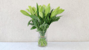זר פרחים עם אגרטל - שושן צחור באגרטל זכוכית